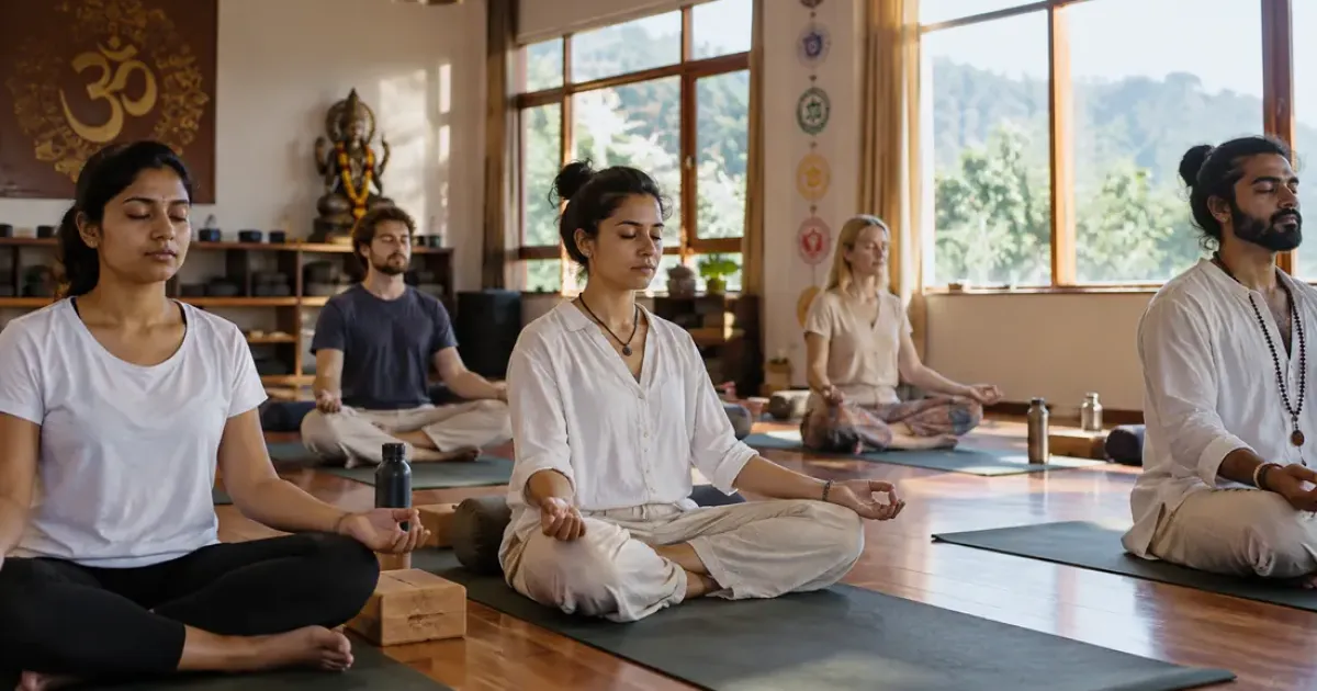Yoga teacher training students sitting in meditation in the Rudra Yogpeeth hall in Rishikesh, with the Himalayan foothills through the windows