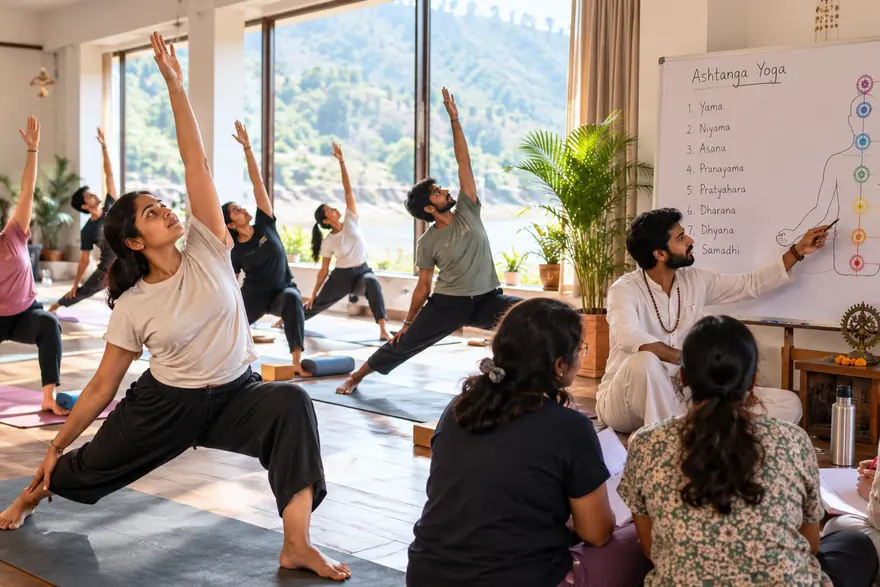 Philosophy class in progress while students hold Warrior pose, Rishikesh
